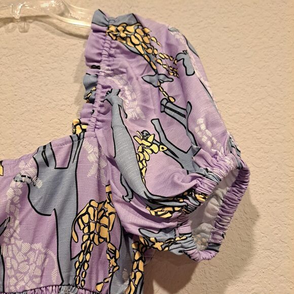 Unique Vintage Dress Purple Wild Hearts Run Free Giraffe Print Midi L 10-12 New - Picture 6 of 10